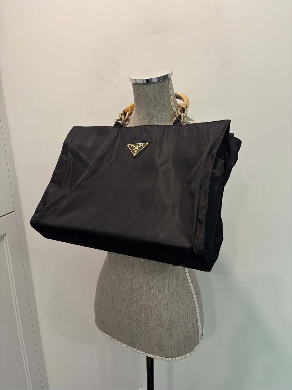 Prada Black Nylon Tote with Gold-Tone Double Ring Handles designer chic - Picture 5 of 16